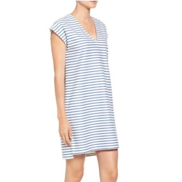 Madewell Vacances Blue & Cream Striped Shift Dress V Neck - Picture 1 of 3